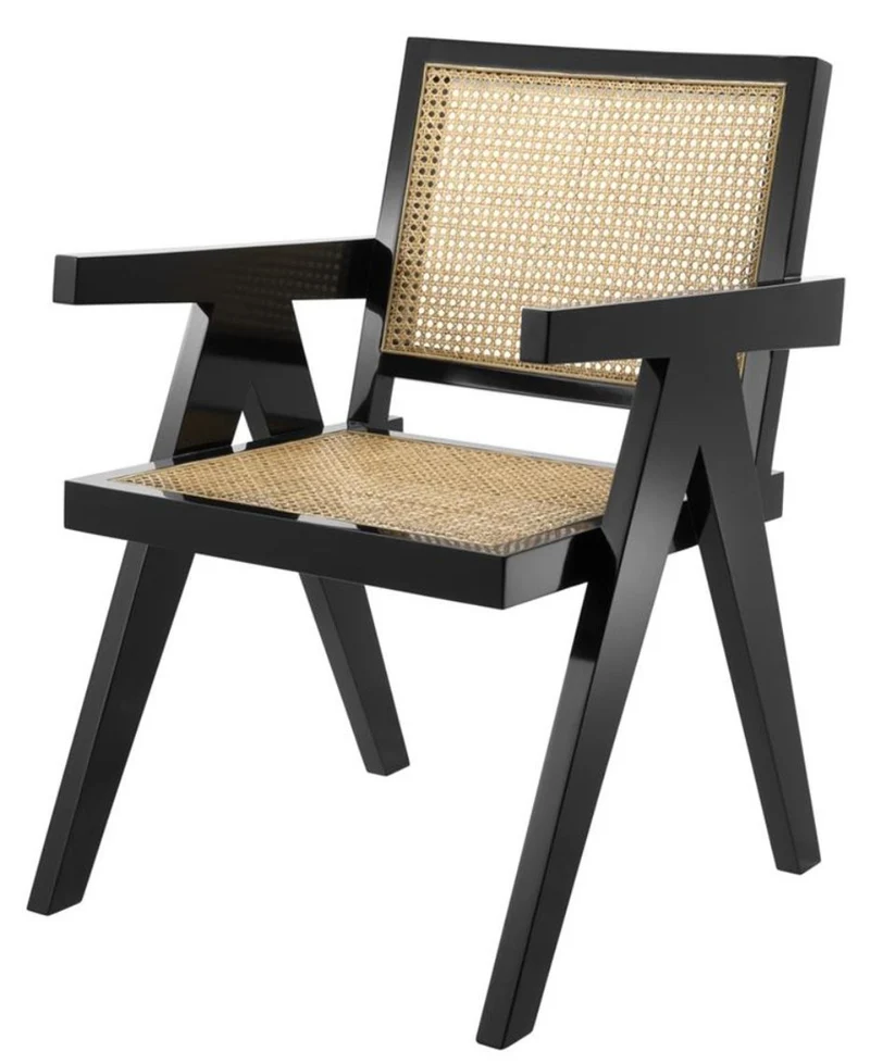 Casa Padrino Luxus Esszimmerstuhl mit Armlehnen Schwarz / Naturfarben 58 x 66 x H. 88 cm - Luxus Kollektion
