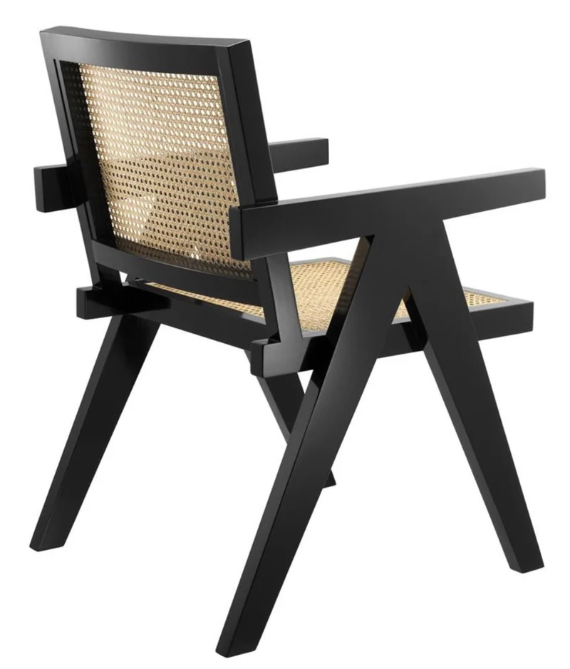 Casa Padrino Luxus Esszimmerstuhl mit Armlehnen Schwarz / Naturfarben 58 x 66 x H. 88 cm - Luxus Kollektion