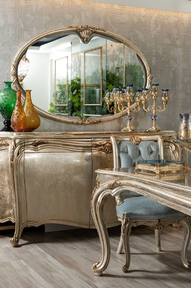 Casa Padrino Luxus Barock Esszimmer Set Hellblau / Silber / Gold - 1 Barock Esstisch & 8 Barock Esszimmerstühle - Prunkvolle Esszimmer Möbel im Barockstil
