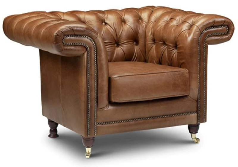 Casa Padrino Luxus Chesterfield Leder Sessel Braun / Dunkelbraun / Gold 127 x 95 x H. 85 cm - Echtleder Wohnzimmer Sessel - Chesterfield Wohnzimmer Möbel