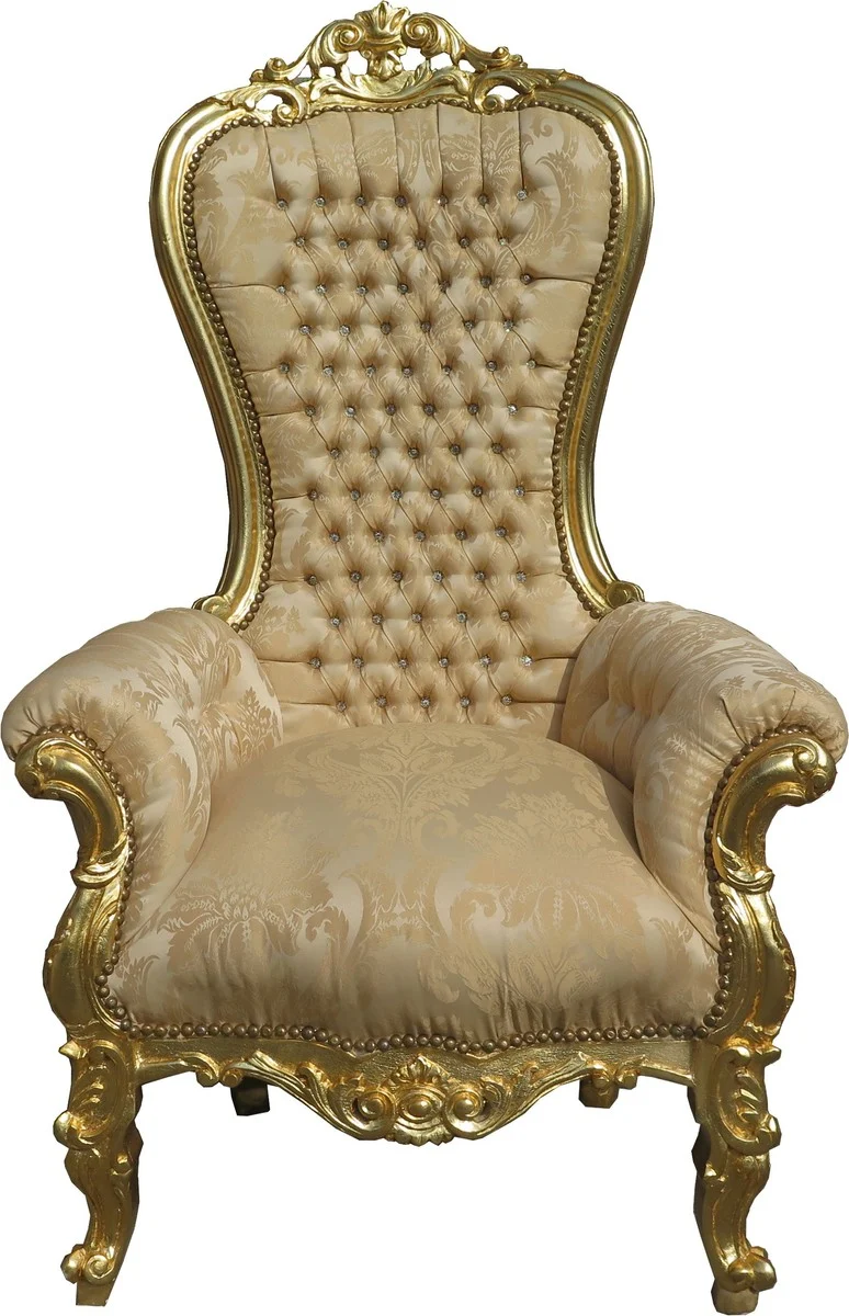 Casa Padrino Barock Thron Sessel Majestic Medium Creme-Gold Muster / Gold Mod2 mit Bling Bling Glitzersteinen - Riesensessel - Thron Stuhl Tron