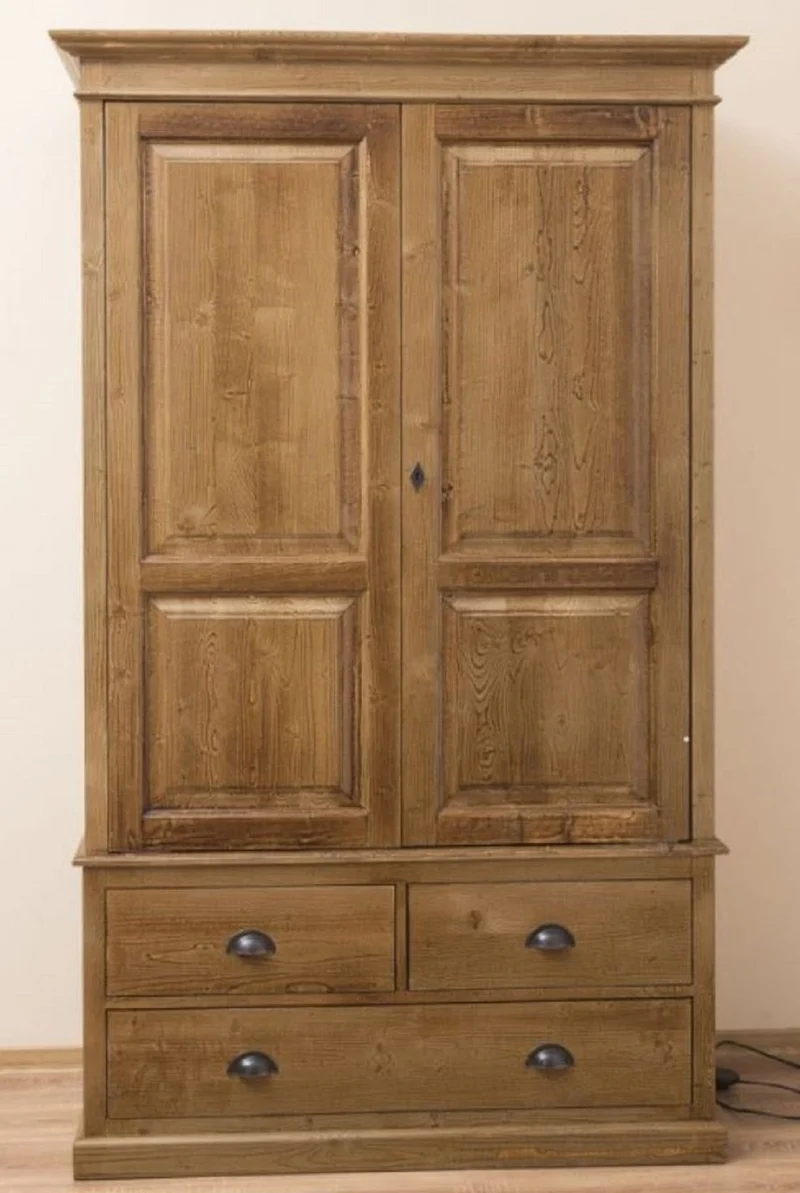 Casa Padrino Landhausstil Kleiderschrank Braun 121 x 59 x H. 197 cm - Massivholz Schlafzimmerschrank mit 2 Türen und 3 Schubladen - Landhausstil Schlafzimmer Möbel