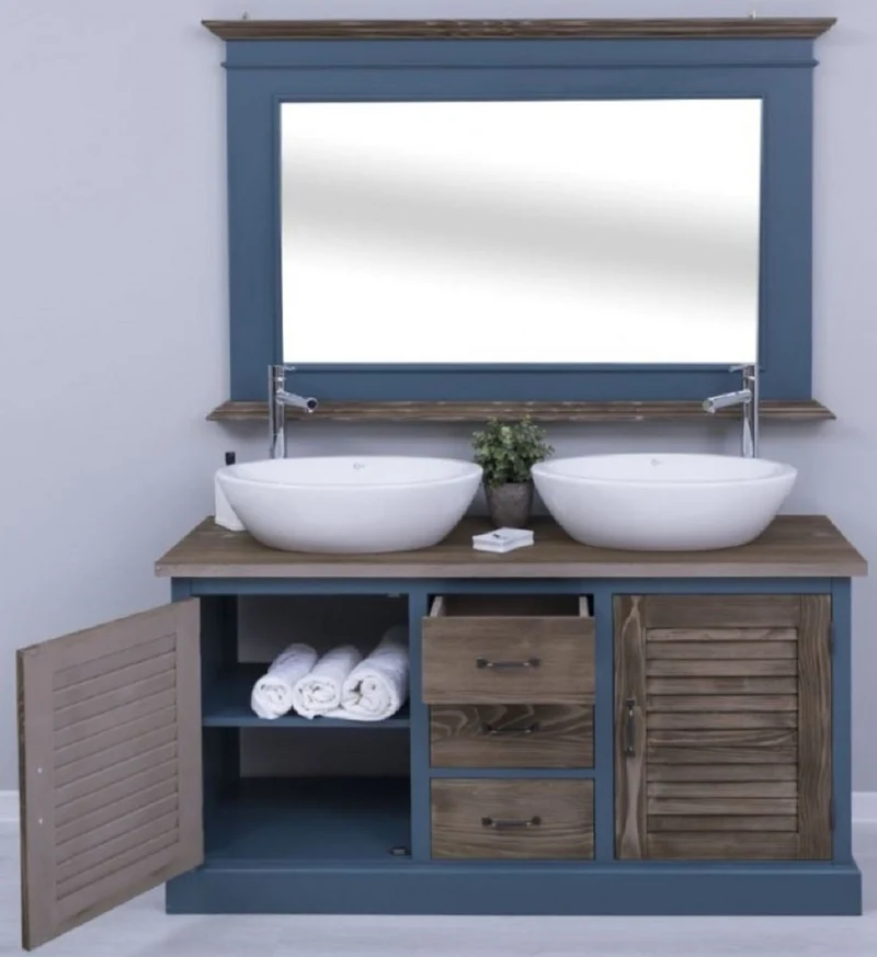 Casa Padrino Landhausstil Badezimmer Set Blau / Dunkelbraun - 1 Doppelwaschtisch & 2 Waschbecken & 2 Wasserhähne & 1 Wandspiegel - Massivholz Badezimmermöbel im Landhausstil