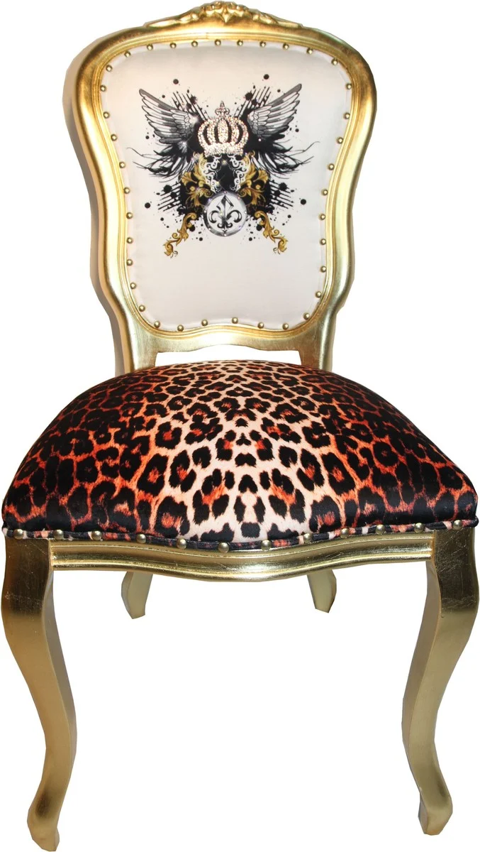 Casa Padrino Luxus Barock Esszimmer Stuhl Leopard / Weiß / Gold mit Glitzerkrone & Engelsflügel - Harald Glööckler Design - 50 x 60 x 104 cm