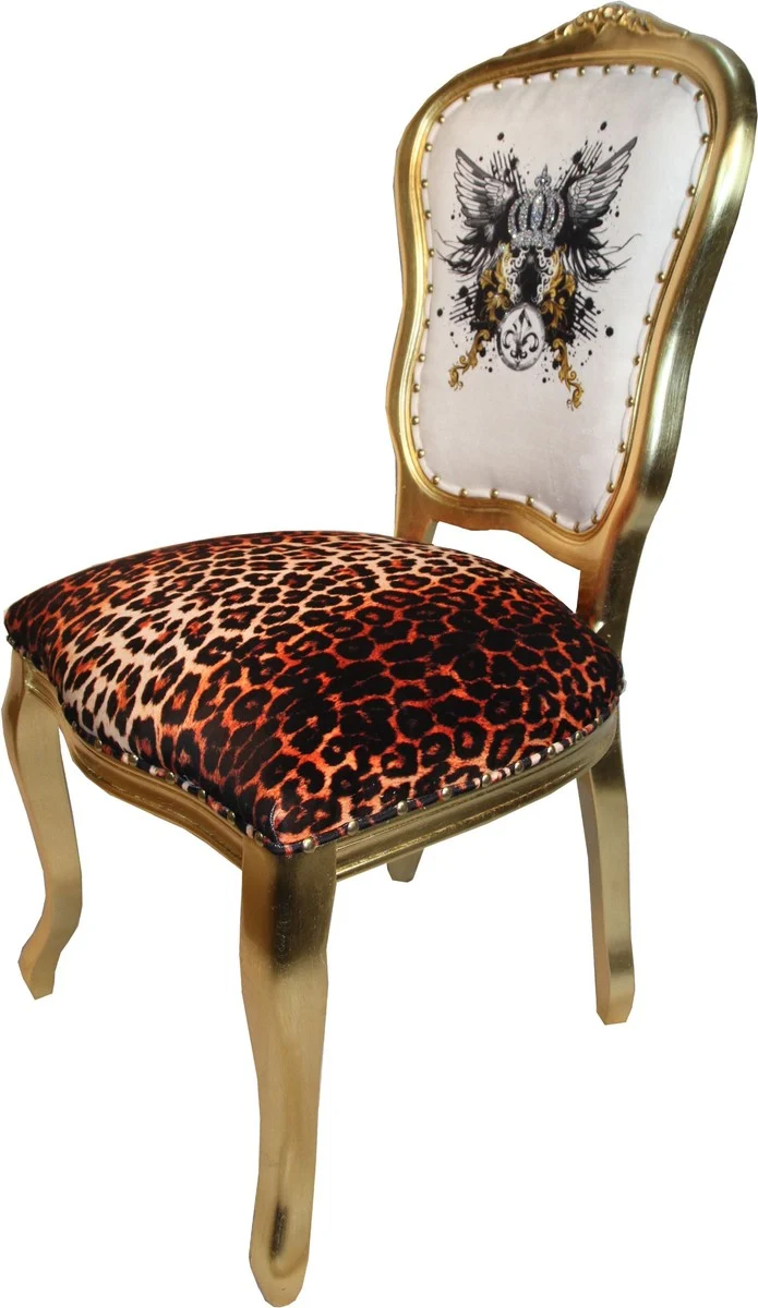 Casa Padrino Luxus Barock Esszimmer Stuhl Leopard / Weiß / Gold mit Glitzerkrone & Engelsflügel - Harald Glööckler Design - 50 x 60 x 104 cm