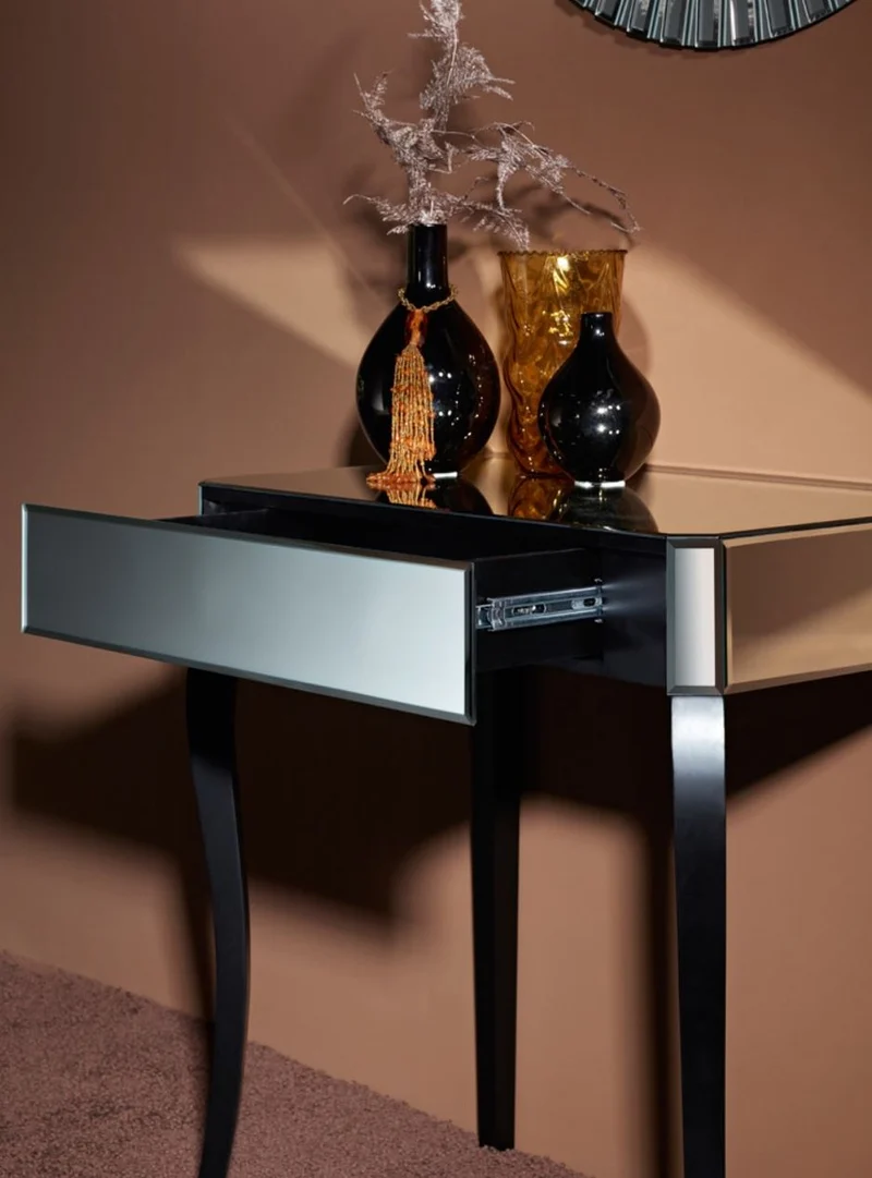 Casa Padrino Luxus Spiegelglas Beistelltisch mit Schublade 71 x 41 x H. 76 cm - Hotel Möbel