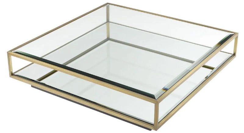 Casa Padrino Luxus Couchtisch Messingfarben / Schwarz 120 x 120 x H. 30 cm - Quadratischer Edelstahl Wohnzimmertisch mit Spiegelglas und Glasplatte - Wohnzimmer Möbel - Luxus Qualität