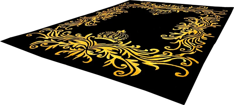 Pompöös by Casa Padrino Luxus Teppich von Harald Glööckler 200 x 290 cm Krone Schwarz / Gold - Barock Design Teppich - Handgewebt aus Wolle