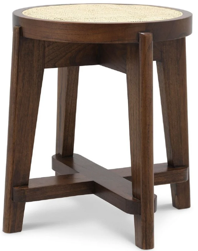 Casa Padrino Luxus Hocker Braun / Naturfarben Ø 44,5 x H. 47 cm - Runder Massivholz Sitzhocker mit Rattangeflecht - Wohnzimmer Möbel