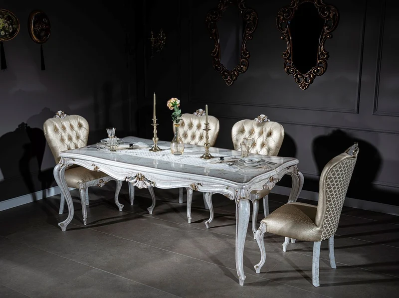 Casa Padrino Luxus Barock Esszimmer Set Gold / Antik Weiß - 1 Esstisch & 6 Esszimmerstühle - Esszimmermöbel im Barockstil - Edel & Prunkvoll