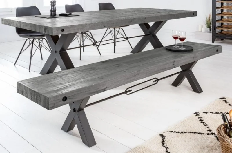 Casa Padrino Industrial Design Sitzbank Grau / Schwarz 170 x 40 x H. 45 cm - Massivholz Bank mit pulverbeschichteten Metall Gestell - Industrial Design Möbel