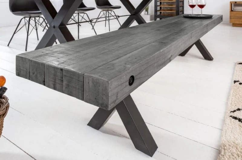 Casa Padrino Industrial Design Sitzbank Grau / Schwarz 170 x 40 x H. 45 cm - Massivholz Bank mit pulverbeschichteten Metall Gestell - Industrial Design Möbel