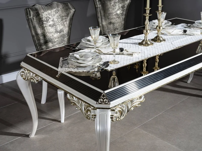 Casa Padrino Luxus Barock Esszimmer Set Grün / Gold / Weiß - 1 Esstisch mit Glasplatte & 6 Esszimmerstühle - Edle Esszimmer Möbel im Barockstil