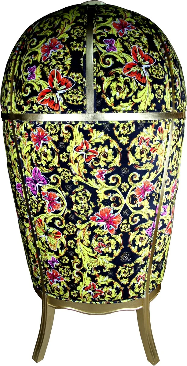 Pompöös by Casa Padrino Luxus Ballon Barock Sessel Schwarz / Gold / Butterfly & Flower Design mit glitzernder Krone - Pompööser Barock Sessel designed by Harald Glööckler