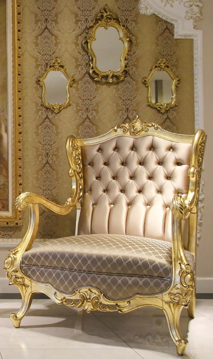 Casa Padrino Luxus Barock Ohrensessel Braun / Gold 85 x 80 x H. 113 cm - Prunkvoller Wohnzimmer Sessel mit edlem Satin Stoff - Edel & Prunkvoll