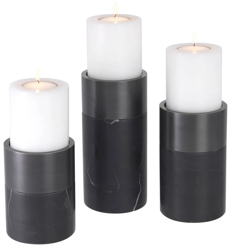 Casa Padrino Luxus Kerzenhalter Set Schwarz / Bronzefarben - 3 runde Marmor Kerzenhalter - Luxus Qualität - Deko Accessoires