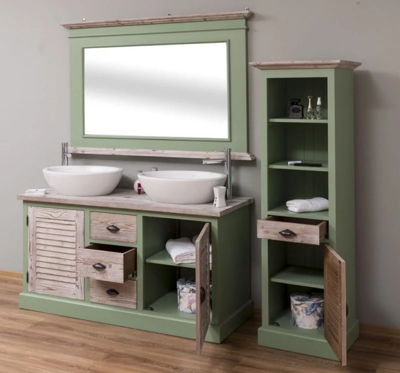 Casa Padrino Landhausstil Badezimmer Set Grün / Naturfarben - 1 Doppelwaschtisch & 1 Wandspiegel & 1 Regalschrank - Massivholz Badezimmer Möbel im Landhausstil