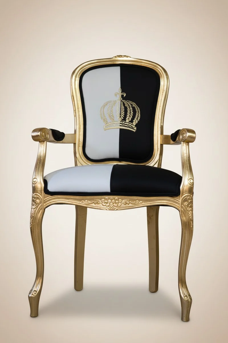 Casa Padrino Pompöös by Harald Glööckler Barock Esszimmerstuhl mit Armlehnen, Schwarz / Weiß / Gold, 48 x 54 x 100 cm