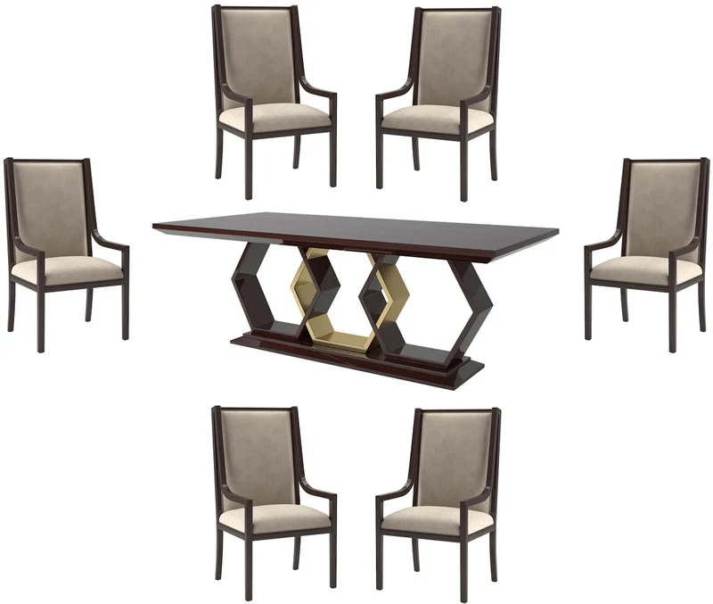 Casa Padrino Luxus Art Deco Esszimmer Set Beige / Dunkelbraun Hochglanz / Gold - 1 Esszimmertisch & 6 Esszimmerstühle - Art Deco Esszimmer Möbel - Luxus Qualität