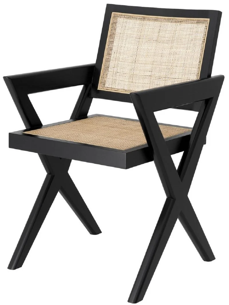 Casa Padrino Luxus Esszimmerstuhl Schwarz / Naturfarben 53 x 57 x H. 84,5 cm - Massivholz Stuhl mit Armlehnen und handgewebtem Rattangeflecht - Luxus Esszimmer Möbel