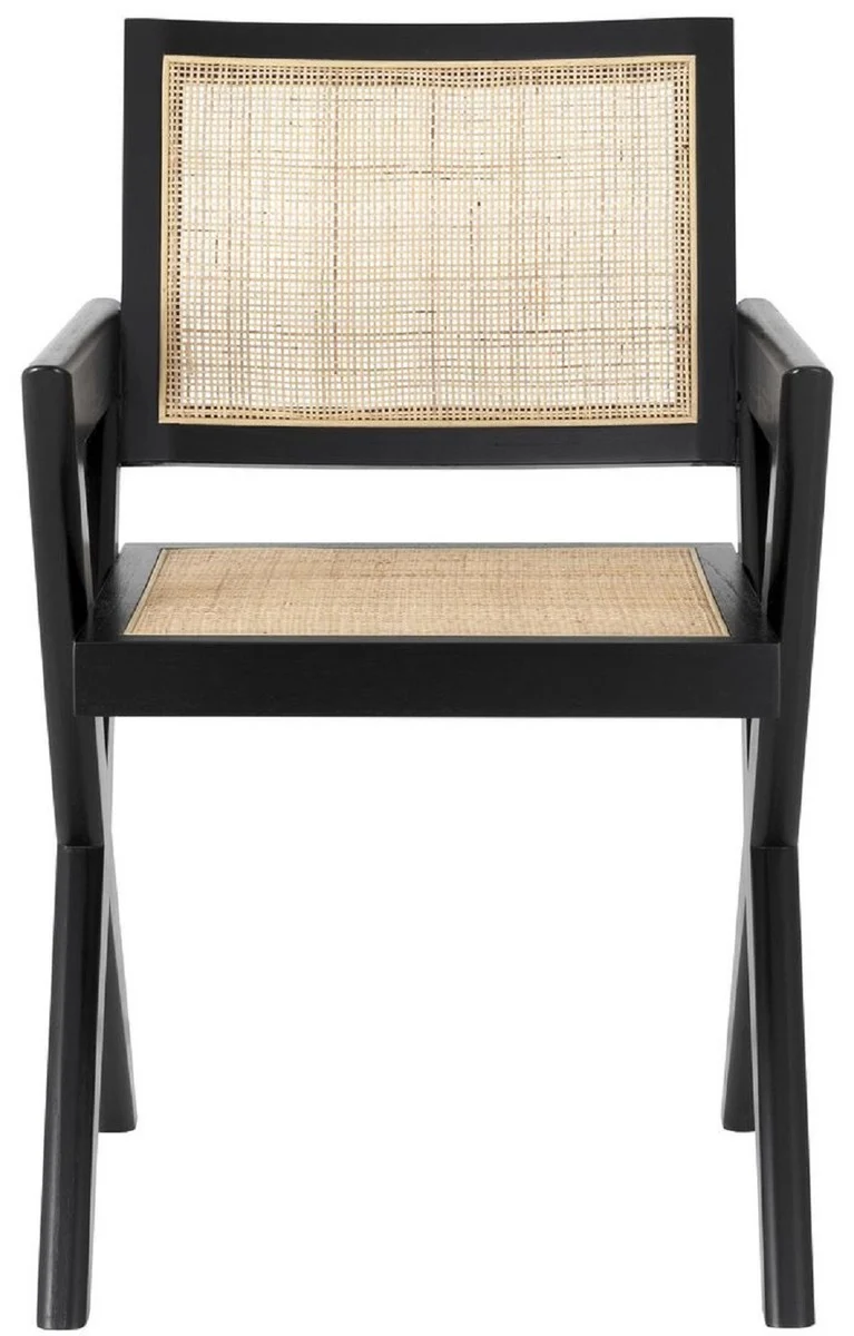 Casa Padrino Luxus Esszimmerstuhl Schwarz / Naturfarben 53 x 57 x H. 84,5 cm - Massivholz Stuhl mit Armlehnen und handgewebtem Rattangeflecht - Luxus Esszimmer Möbel