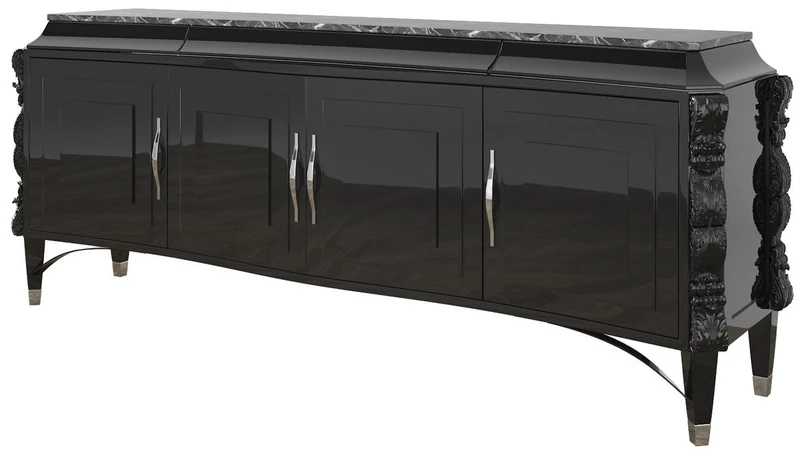 Casa Padrino Luxus Art Deco Sideboard Schwarz / Silber 220 x 50 x H. 90 cm - Edler Wohnzimmer Schrank mit 4 Türen und Marmorplatte - Art Deco Möbel