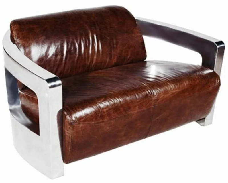 Casa Padrino Luxus Echtleder 2er Sofa im englischen Stil Dunkelbraun / Silber 123 x 83 x H. 70 cm
