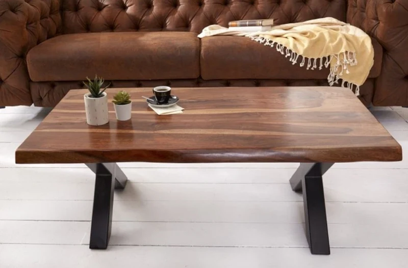 Casa Padrino Massivholz Couchtisch mit Metallbeinen Braun / Schwarz 110 x 60 x H. 40 cm - Rechteckiger Wohnzimmertisch im Industrie Look - Wohnzimmer Möbel