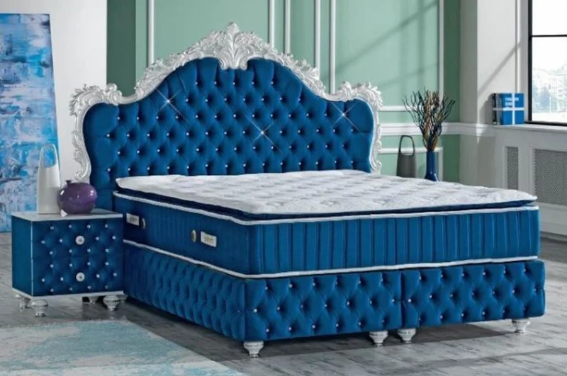 Casa Padrino Barock Nachttisch mit Glitzersteinen und 2 Schubladen Royalblau / Weiß / Silber 50 x 50 x H. 50 cm - Beistelltisch im Barockstil - Barock Schlafzimmer Möbel
