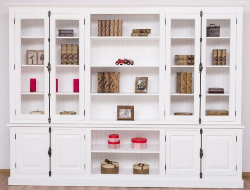 Casa Padrino Landhausstil Bücherschrank Weiß 300 x 50 x H. 230 cm - Massivholz Schrank - Wohnzimmerschrank - Büroschrank - Landhausstil Möbel