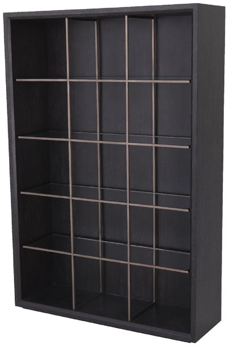 Casa Padrino Luxus Regalschrank mit 4 Glasregalen Anthrazitgrau / Kupferfarben 150 x 46 x H. 221,5 cm - Bücherschrank - Wohnzimmerschrank - Büroschrank - Luxus Schrank