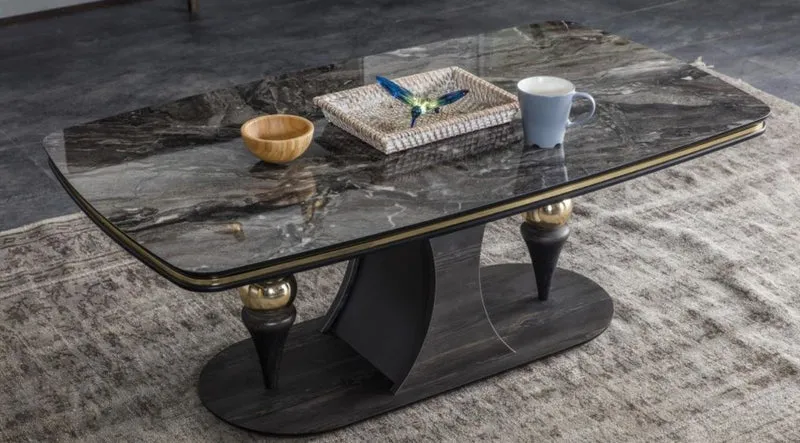 Casa Padrino Luxus Art Deco Couchtisch Schwarz / Grau / Messingfarben 120 x 70 x H. 46 cm - Rechteckiger Wohnzimmertisch mit Glasplatte in Marmoroptik - Möbel