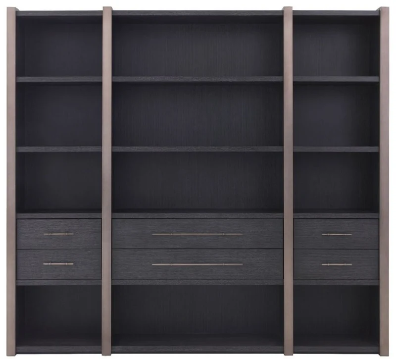 Casa Padrino Luxus Regalschrank mit 6 Schubladen Anthrazitgrau / Bronzefarben 253 x 47 x H. 229 cm - Bücherschrank - Wohnzimmerschrank - Büroschrank - Luxus Schrank