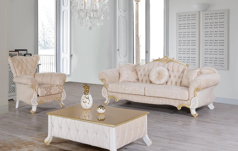 Casa Padrino Barock Sessel Beige / Weiß / Gold 97 x 85 x H. 105 cm - Edler Wohnzimmer Sessel mit Glitzersteinen - Wohnzimmer Möbel im Barockstil