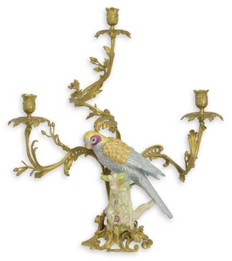 Casa Padrino Barock Kerzenständer Messing / Porzellan Papagei im italienischen Stil H62 cm - Antik Stil Kerzenhalter Vogel