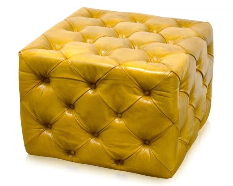 Casa Padrino Luxus Echtleder Fußhocker Vintage Gelb 64 x 64 x H. 46 cm - Chesterfield Möbel