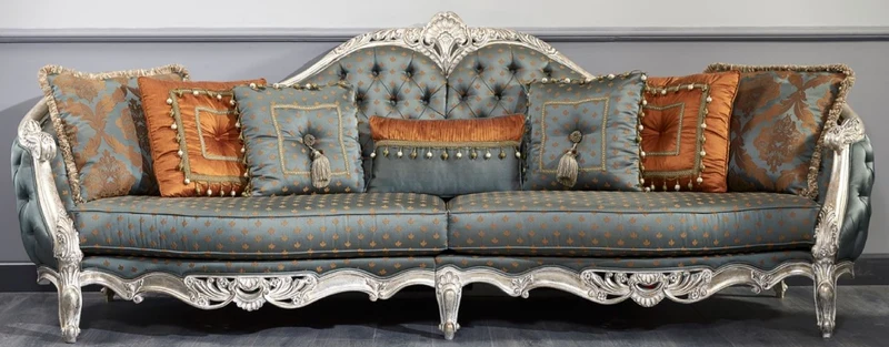 Casa Padrino Luxus Barock Sofa Dunkeltürkis / Gold / Silber 310 x 99 x H. 113 cm - Prunkvolles Chesterfield Wohnzimmer Sofa im Barockstil