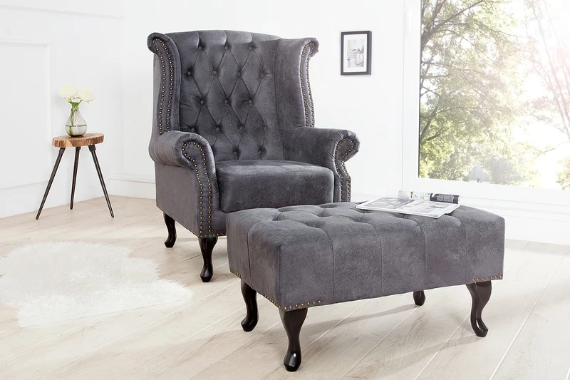 Chesterfield Fußhocker Grau Antik Look aus dem Hause Casa Padrino