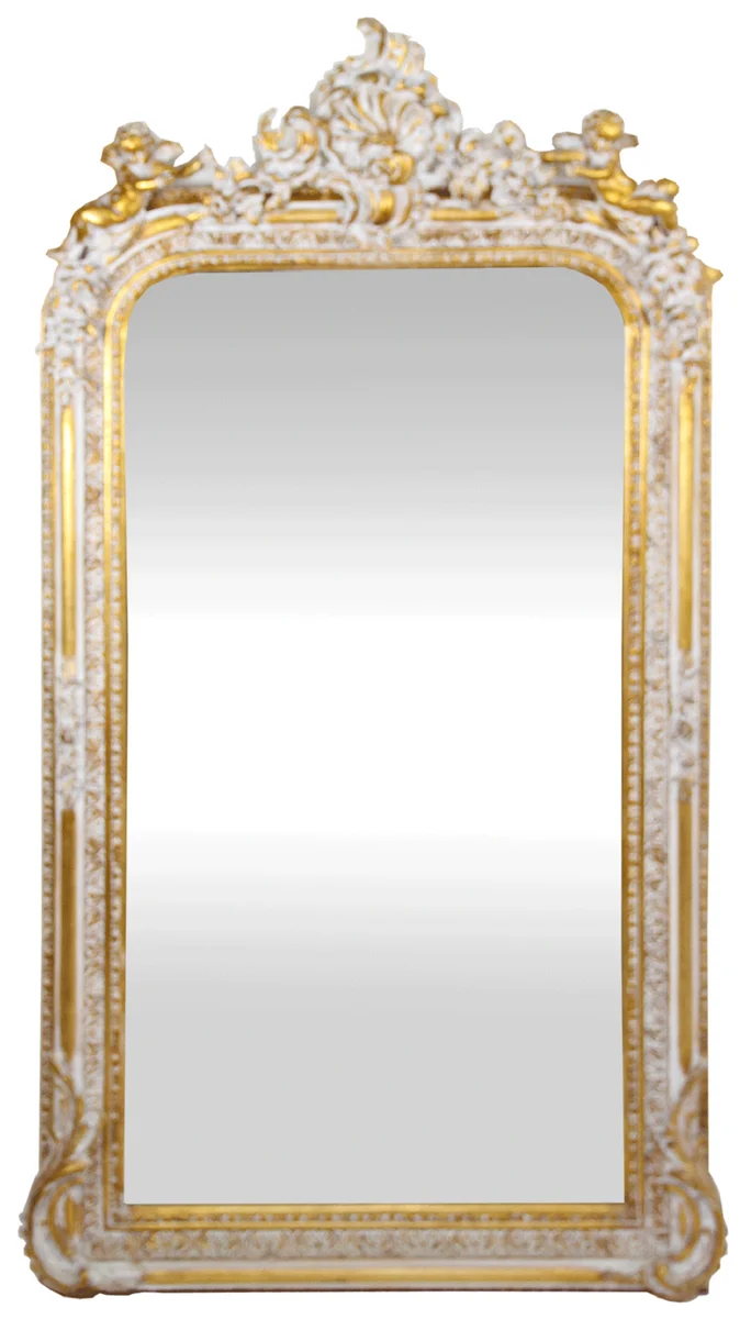 Casa Padrino Barock Wandspiegel Antik Weiß / Gold 85 x H. 160 cm - Prunkvoller Barock Spiegel mit wunderschönen Verzierungen und dekorativen Engelsfiguren