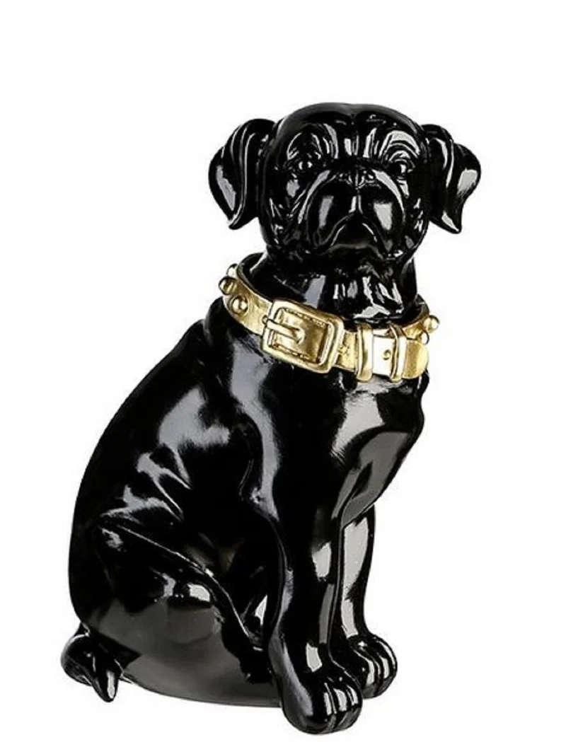 Casa Padrino Dekofigur Hund mit Halsband Schwarz glänzend / Gold 11 x 10 x H. 16 cm - Deko Accessoires