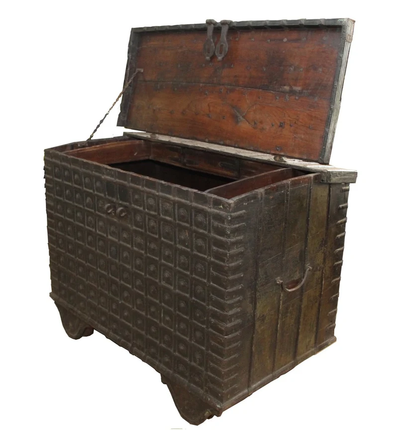 Casa Padrino Antik Stil Massivholz Truhe - Antike Truhe aus Massivholz mit Metall - L 122 x B 75 x H 91 cm