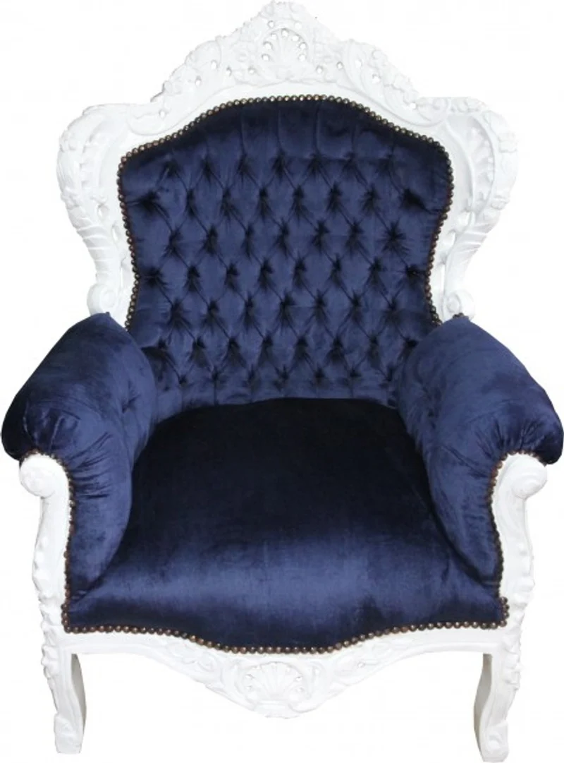 Casa Padrino Barock Sessel King Royalblau / Weiß 85 x 85 x H. 120 cm - Prunkvoller Armlehnstuhl im Antik Stil