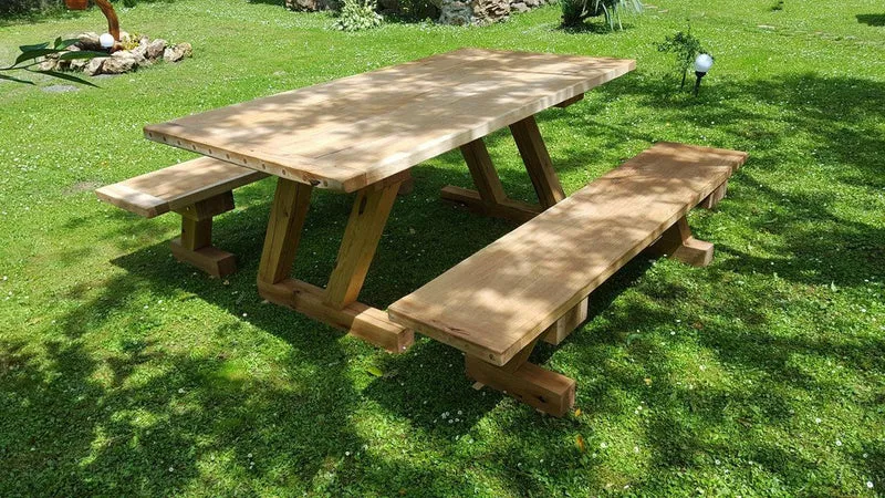 Casa Padrino Gartenmöbel Set Rustikal - Tisch + 2 Garten Bänke (Länge: 200 cm) - Eiche Massivholz - Modell Z