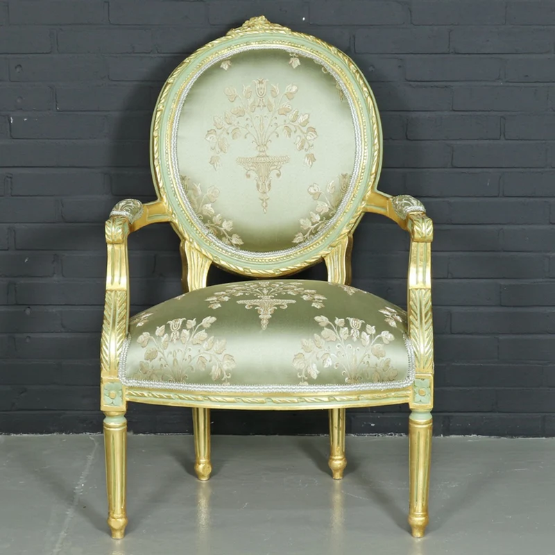Casa Padrino Barock Salon Stuhl Medaillon Mod2 mit Armlehnen Hellgrün / Gold - Antikstil Stuhl - 65 x 65 x 100 cm