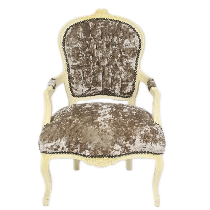 Casa Padrino Barock Salon Stuhl Khaki Velour Stoff / Creme - Antik Design Möbel