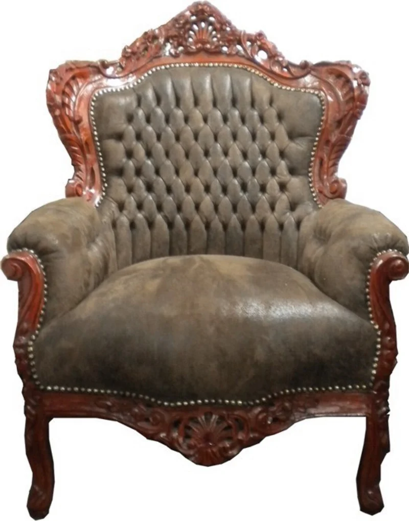 Casa Padrino Barock Sessel King im Antik Stil aus Massivholz in Braun Lederoptik 85 x 85 x H. 120 cm