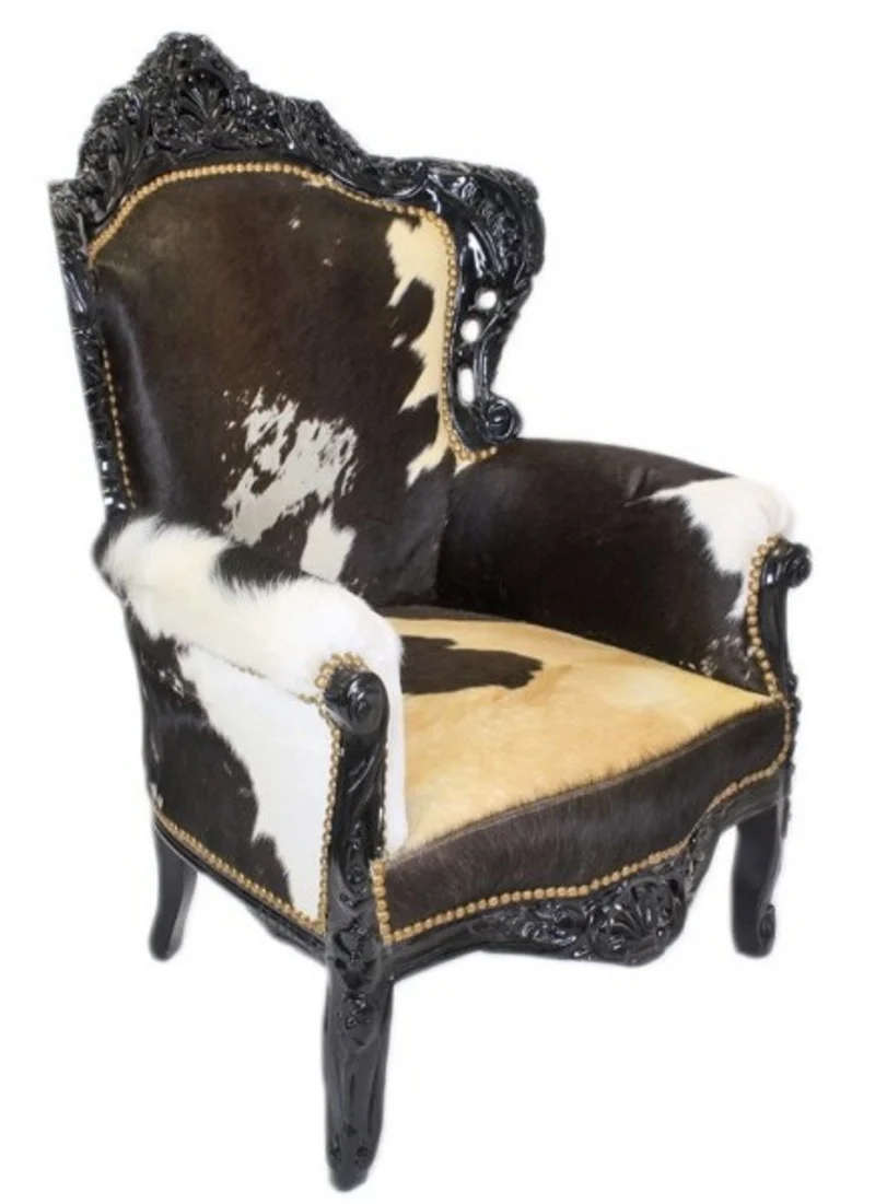 Casa Padrino Barock Sessel King Kuhfell schwarz, 120 x 85 x 85 cm - Handgefertigter Luxus Sessel