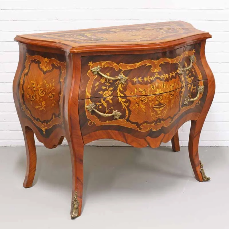 Casa Padrino Barock Kommode mit 2 Schubladen in mahagonibraun Intarsien und messingfarbenen Details 100 x 55 x H. 85 cm