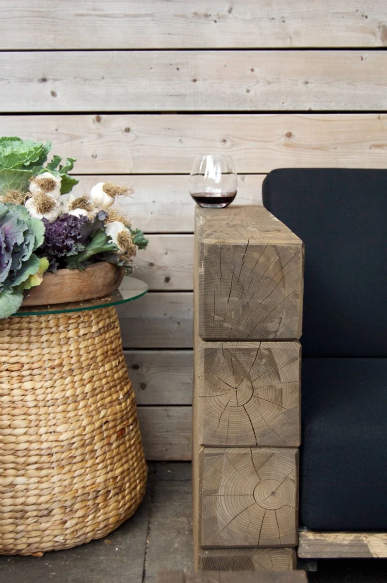 Casa Padrino Luxus Garten Lounge Set aus massivem Eichenholz mit Polsterung - Eckcouch, Sessel und Tisch, 150x70x40 cm