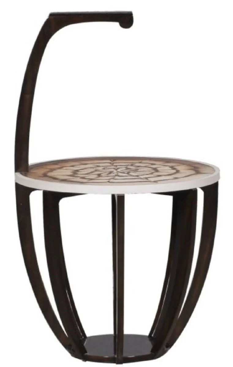 Casa Padrino Luxus Beistelltisch Dunkelbraun / Weiß / Braun Ø 50 x H. 88 cm - Kleiner Getränke Tisch mit Tragegriff